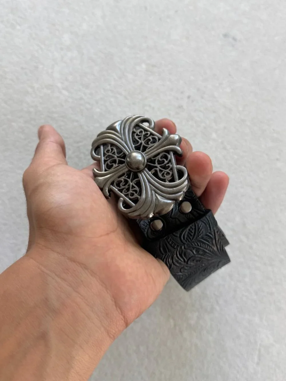 Black Floral Embossed Gothic Filigree Cross Belt